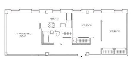 Floor plan for 2 beds, 1 bath, 767 sqft
