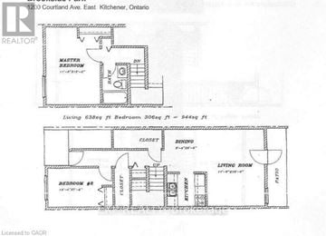 Kitchener townhouse for rent - A floor plan for a home at 1200 Courtland Ave. East, Kitchener, Ontario, showing two bedrooms, a master bedroom, a dining area, a living room, and a closet.