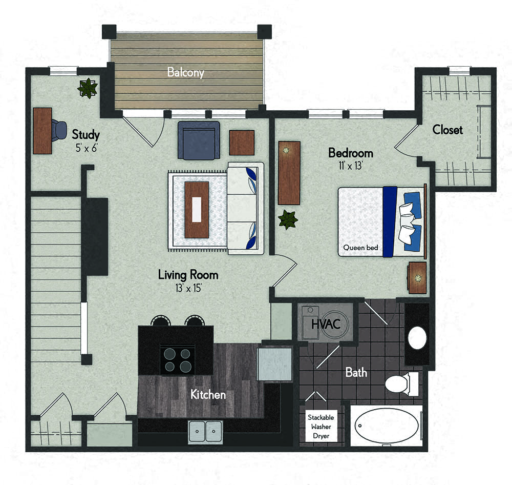 Floor plan for 1 bed, 1 bath, 714 sqft