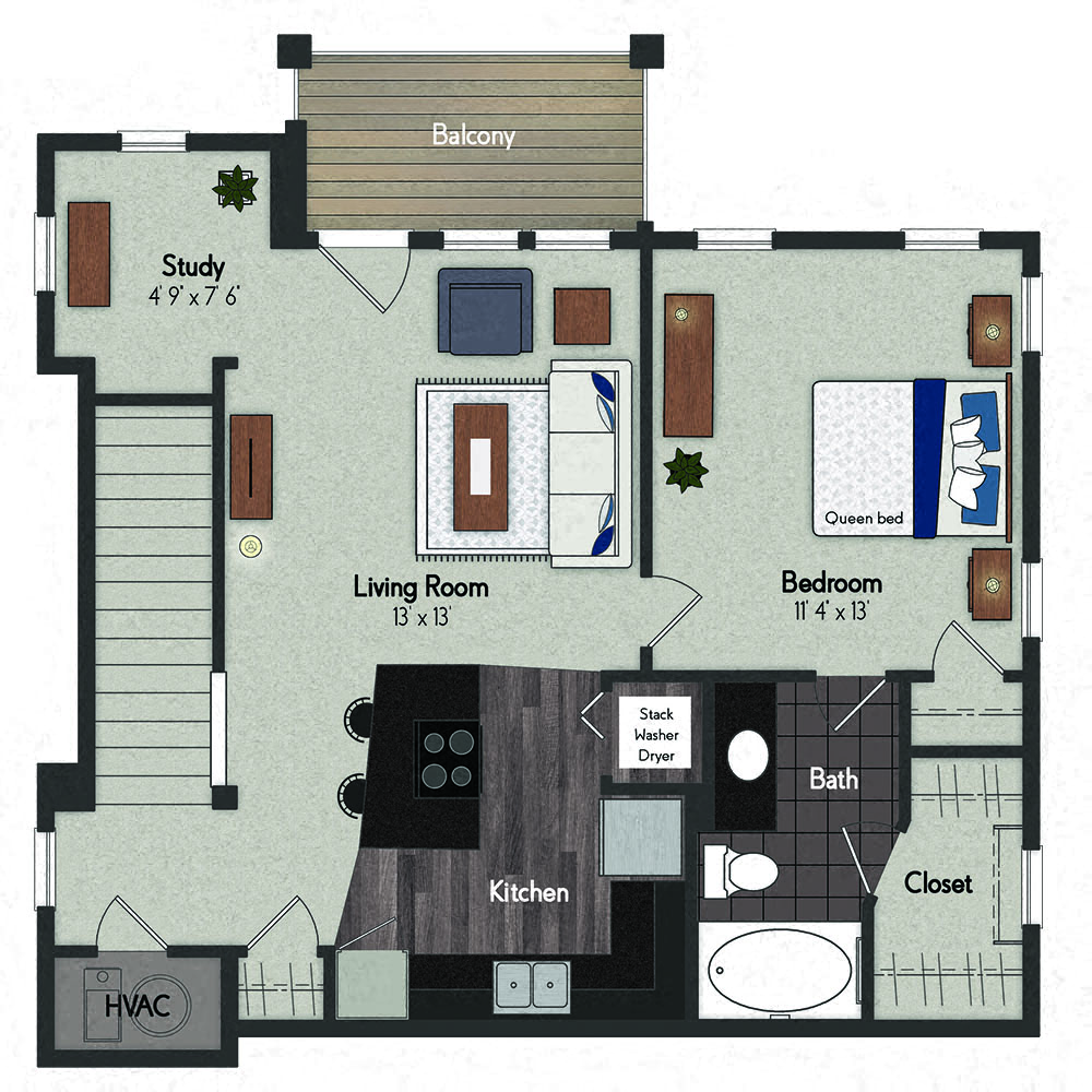Floor plan for 1 bed, 1 bath, 700 sqft