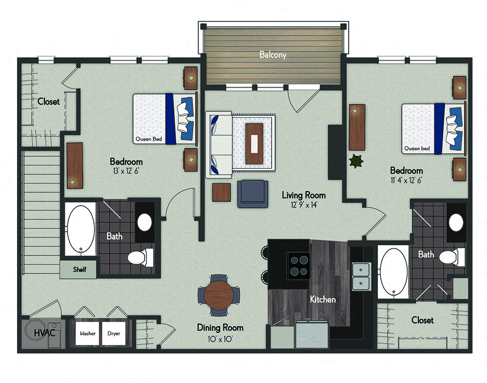Floor plan for 2 beds, 2 baths, 1066 sqft