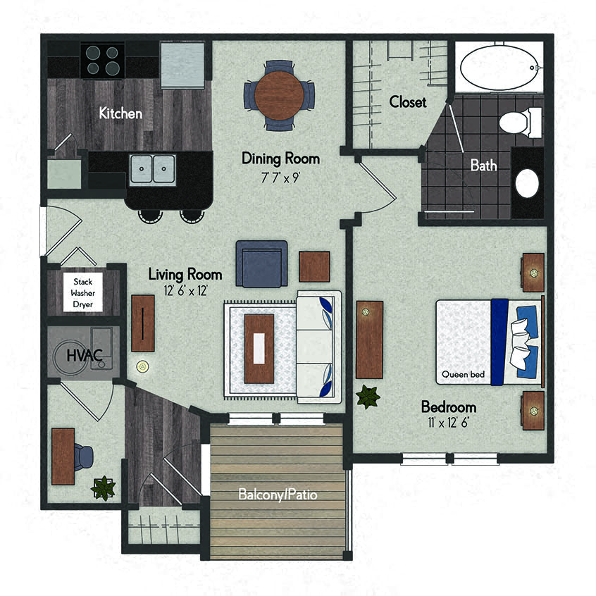 Floor plan for 1 bed, 1 bath, 698 sqft