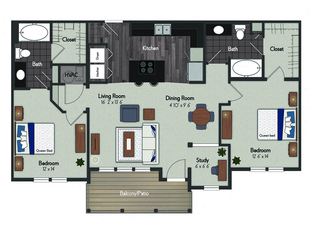 Floor plan for 2 beds, 2 baths, 1160 sqft