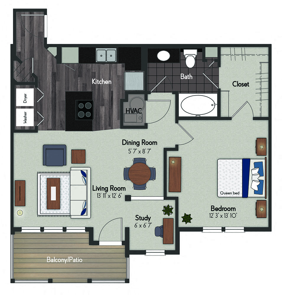 Floor plan for 1 bed, 1 bath, 840 sqft