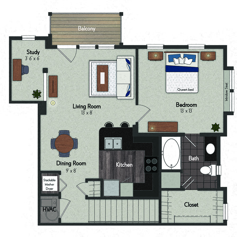 Floor plan for 1 bed, 1 bath, 782 sqft