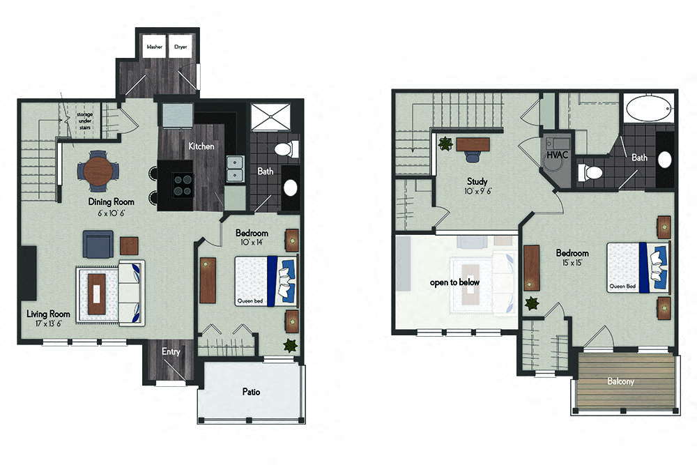 Floor plan for 2 beds, 2 baths, 1295 sqft