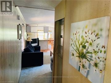 Northern Bruce Peninsula mobile home for rent - A living room with a couch and a painting of lilies on the wall.