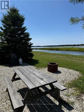 Northern Bruce Peninsula mobile home for rent - A picnic table sits on a gravel area next to a tree and a body of water.