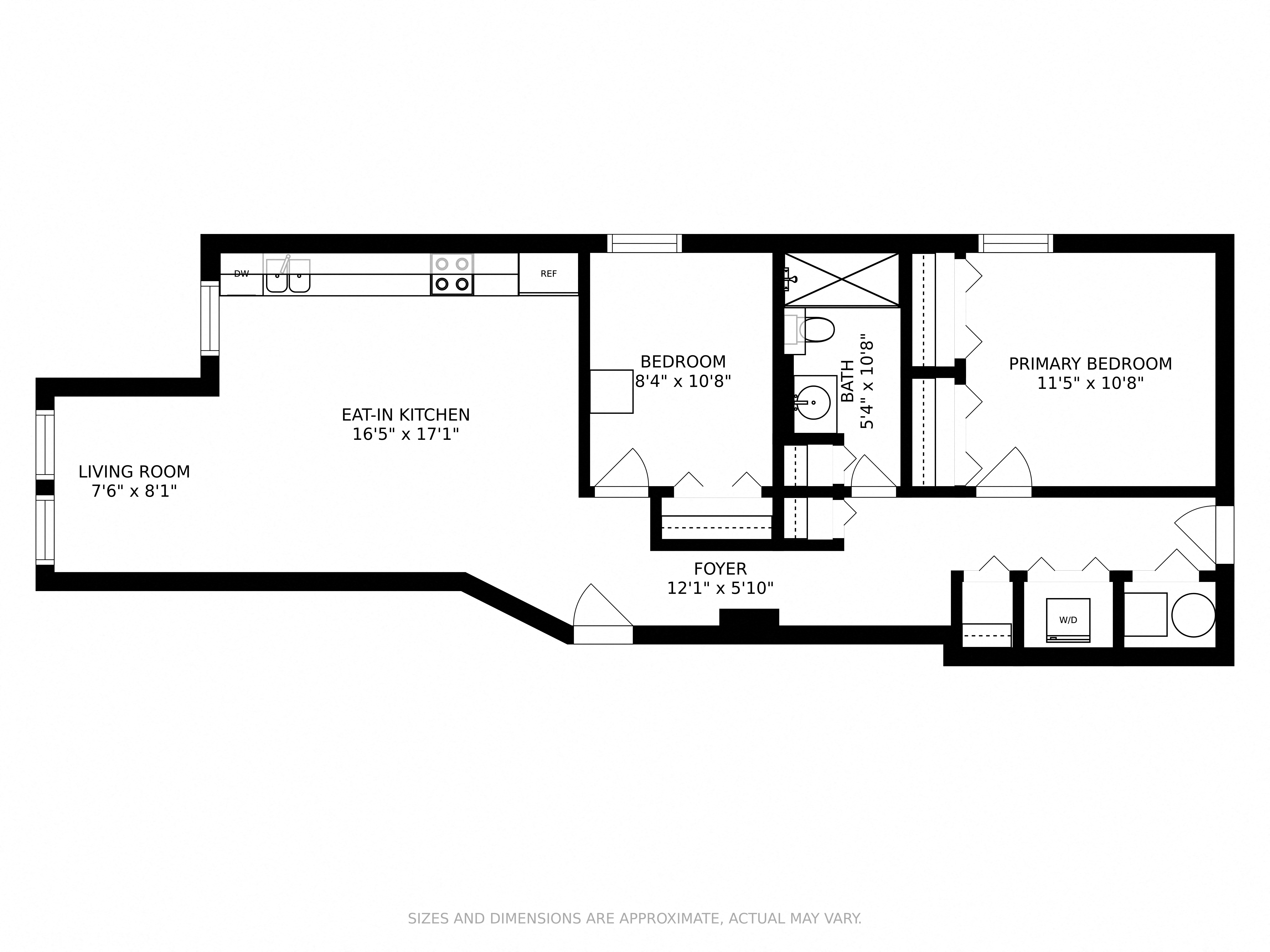 Floor plan for 2 beds, 1 bath, 838 sqft