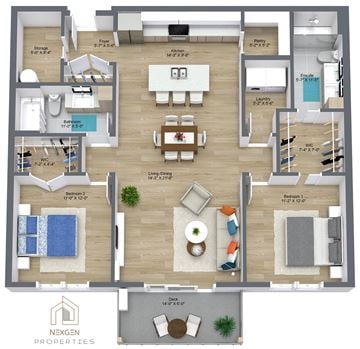 Dieppe apartment for rent - A floor plan of a house with a living room, two bedrooms, a bathroom, a kitchen, and a deck.