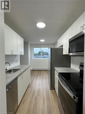 Waterloo apartment for rent - A modern kitchen with white cabinets and black appliances.