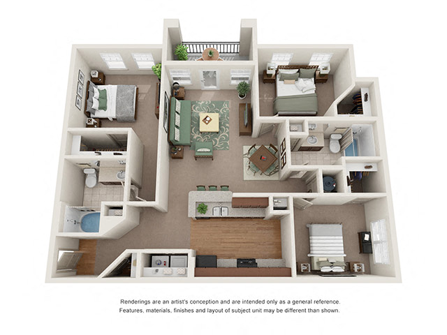 Floor plan for 3 beds, 2 baths, 1283 sqft