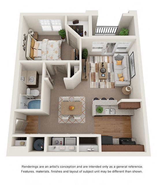 Floor plan for 1 bed, 1 bath, 756 sqft