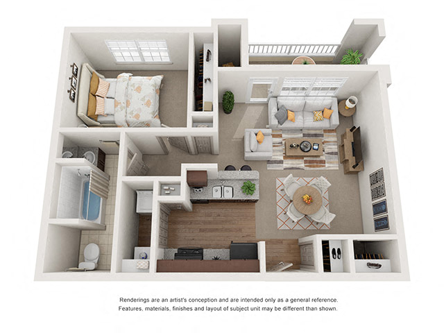 Floor plan for 1 bed, 1 bath, 730 sqft