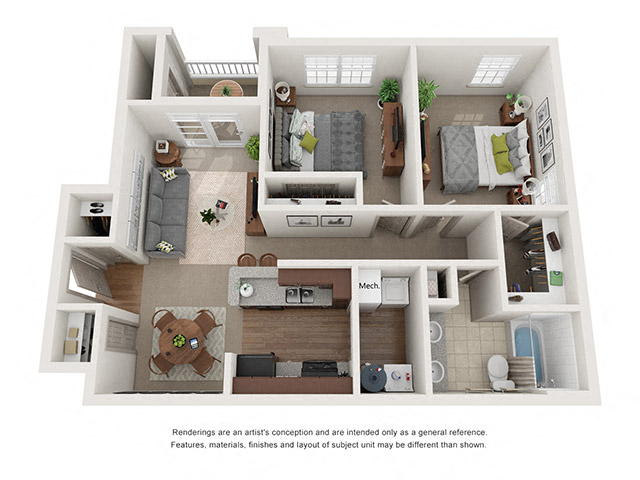 Floor plan for 2 beds, 1 bath, 989 sqft