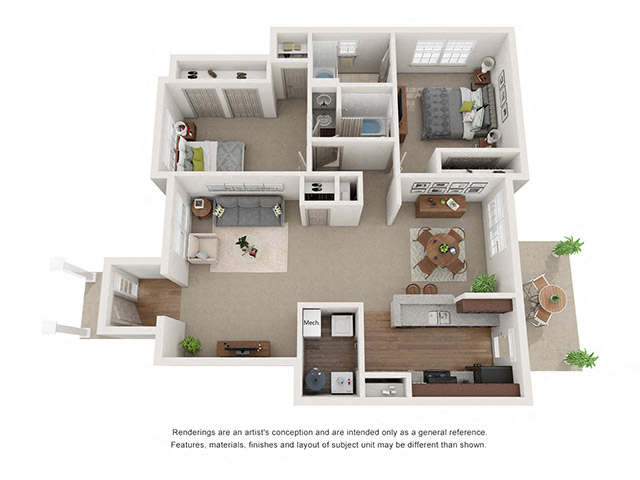 Floor plan for 2 beds, 2 baths, 1073 sqft