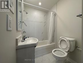 Toronto (Caledonia-Fairbank) house for rent - A white bathroom with a toilet, sink, and bathtub.