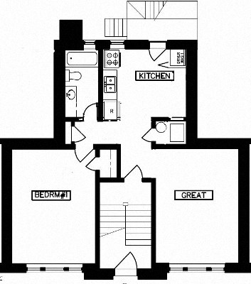 Floor plan for 1 bed, 1 bath, 672 sqft