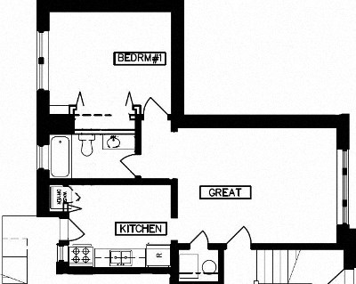 Floor plan for 1 bed, 1 bath, 578 sqft