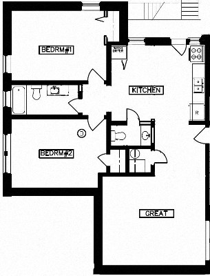 Floor plan for 2 beds, 1.5 baths, 974 sqft