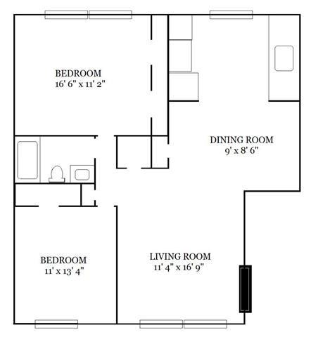 Floor plan for 2 beds, 1 bath, 783 sqft