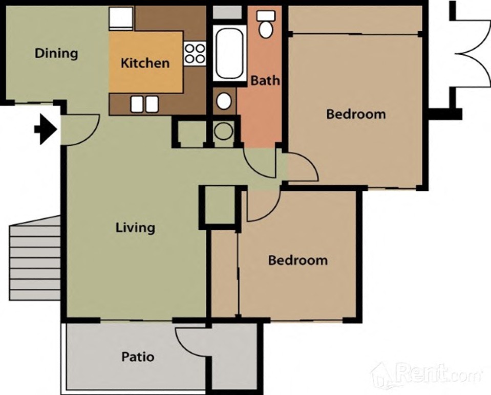 Floor plan for 2 beds, 1 bath, 809 sqft