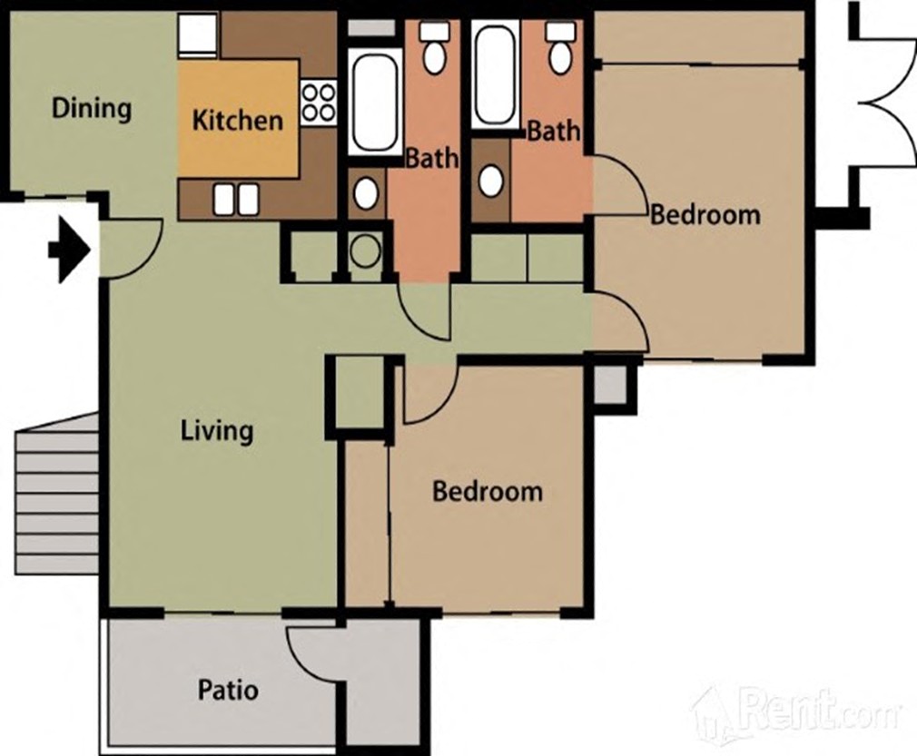 Floor plan for 2 beds, 2 baths, 840 sqft
