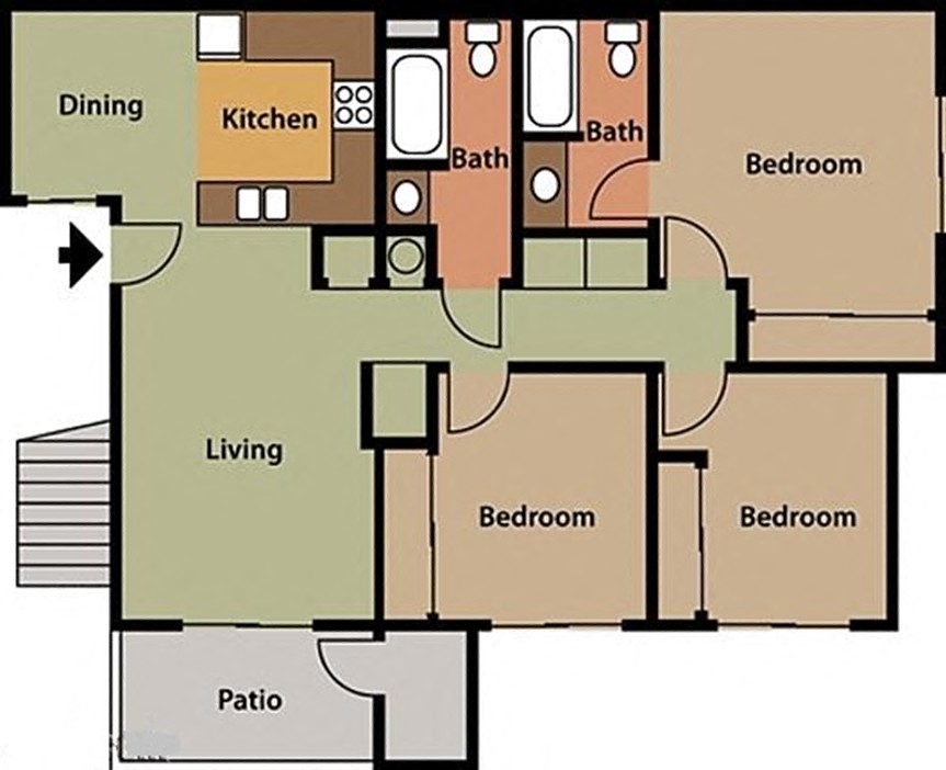 Floor plan for 3 beds, 2 baths, 1036 sqft