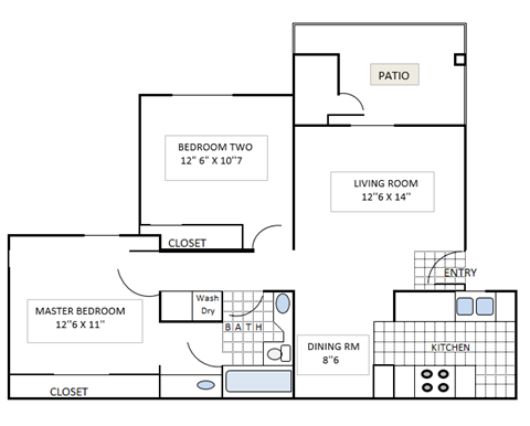 Floor plan for 2 beds, 1.3 baths, 850 sqft