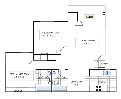 Floor plan for 2 beds, 2 baths, 870 sqft
