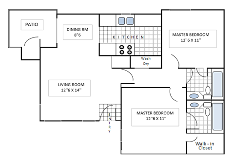 Floor plan for 2 beds, 2 baths, 900 sqft