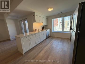 London East (East K) condo for rent - A living room with a white couch, blue pillows, and a painting on the wall.
