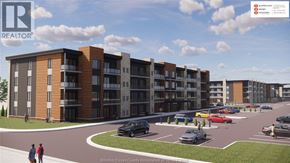 Windsor condo for rent - A rendering of a real estate development with apartment buildings and a parking lot.