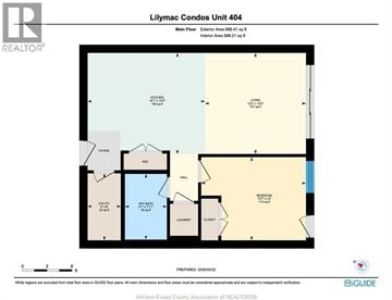 Windsor condo for rent - A floor plan for a Lilymac Condos Unit 404 with a kitchen, living room, and bathroom.