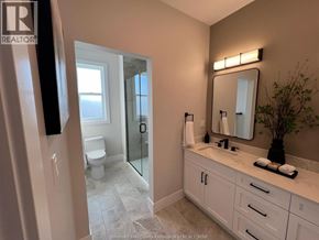 Windsor apartment for rent - A bathroom with a sink, mirror, toilet, and shower.