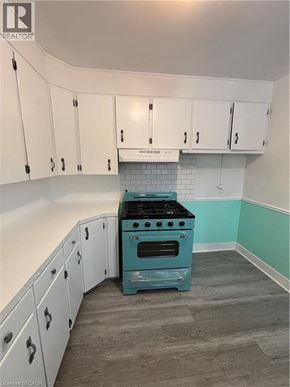 St. Catharines house for rent - A kitchen with a blue stove and white cabinets.