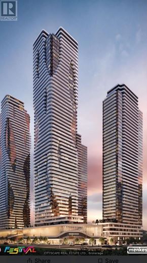 Vaughan (Vaughan Corporate Centre) condo for rent - A modern cityscape with three tall buildings and a sign that reads "FESINAL CITYSCAPE REAL ESTATE LTD.".