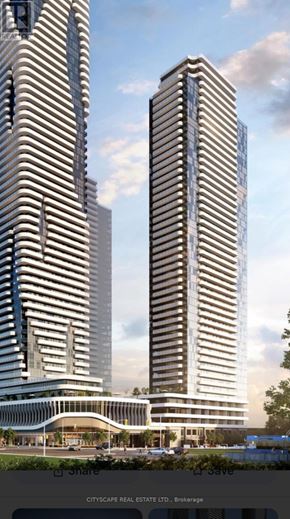Vaughan (Vaughan Corporate Centre) condo for rent - Two tall buildings with a striped facade are the focus of this image.
