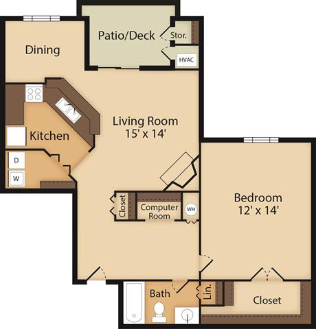 Floor plan for 1 bed, 1 bath, 855 sqft