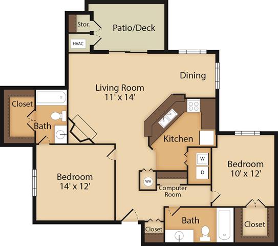 Floor plan for 2 beds, 2 baths, 1050 sqft