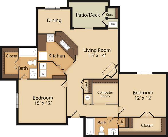 Floor plan for 2 beds, 2 baths, 1165 sqft
