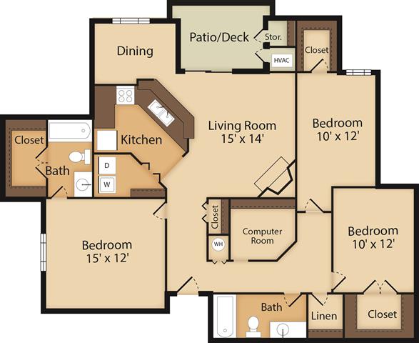 Floor plan for 3 beds, 2 baths, 1380 sqft
