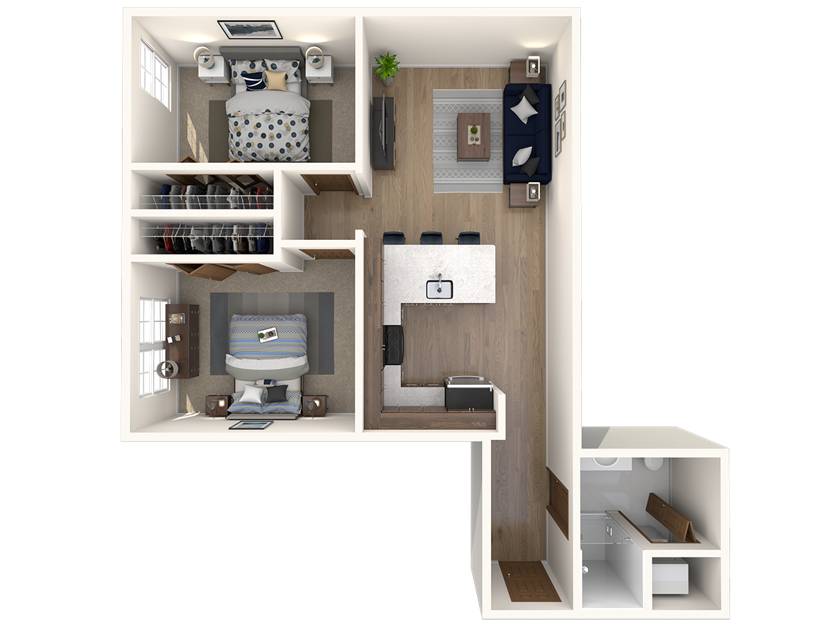Floor plan for 2 beds, 1 bath, 1002 sqft