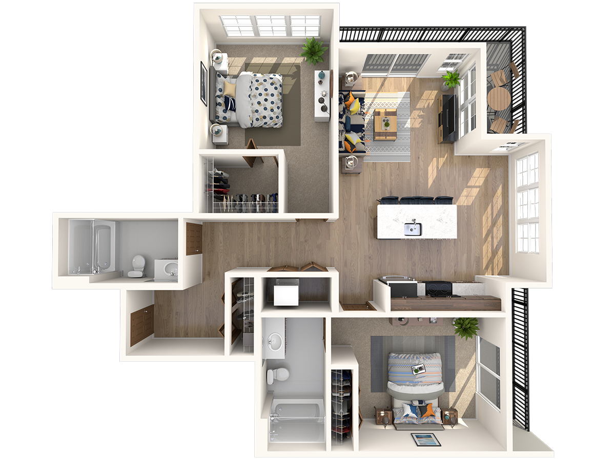 Floor plan for 2 beds, 2 baths, 1094 sqft
