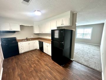 Clemson apartment for rent - A kitchen with black appliances and white cabinets.