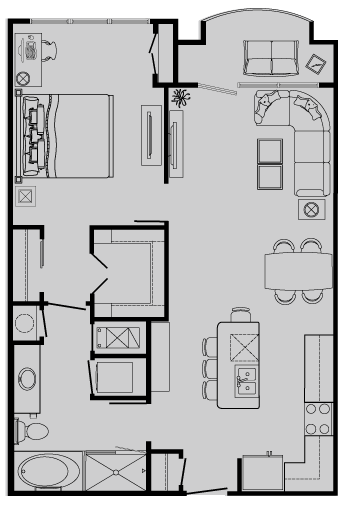 Floor plan for 1 bed, 1 bath, 786 sqft