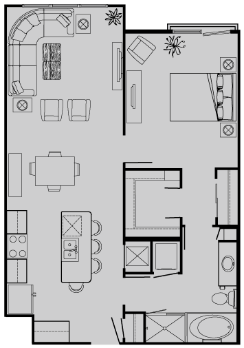 Floor plan for 1 bed, 1 bath, 816 sqft