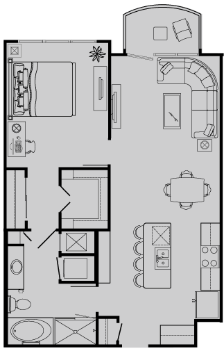 Floor plan for 1 bed, 1 bath, 798 sqft