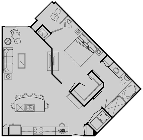 Floor plan for 1 bed, 1 bath, 842 sqft