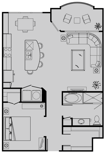 Floor plan for 1 bed, 1 bath, 883 sqft